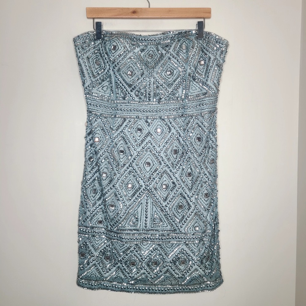 Adrianna Papell Strapless Beaded Mini Dress in Pale Blue